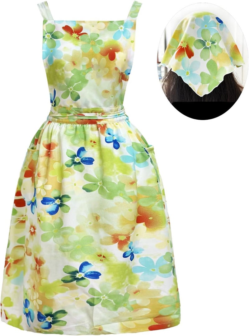 Cityelf Vintage Pinafore Floral Apron Dress with Headscarf Set Adjustable Cross Back with Pocket for Kitchen Baking Gardening - Image 2